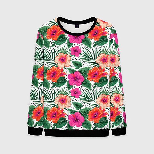 Мужской свитшот Цветы гибискуса и листья мальмы летний тропический / 3D-Черный – фото 1