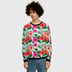 Свитшот мужской Цветы гибискуса и листья мальмы летний тропический, цвет: 3D-черный — фото 2