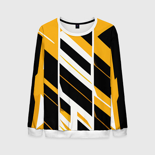 Мужской свитшот Black and yellow stripes on a white background / 3D-Белый – фото 1