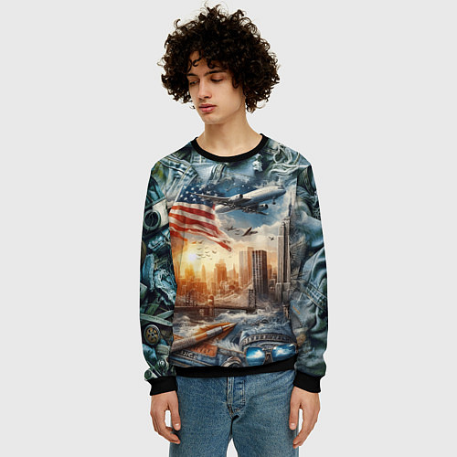 Мужской свитшот Американский коллаж - нейросеть / 3D-Черный – фото 3