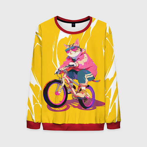 Мужской свитшот Кот на велосипеде жёлтый фон / 3D-Красный – фото 1