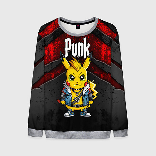 Мужской свитшот Пикачу панк на фоне красных разломов черной тексту / 3D-Меланж – фото 1