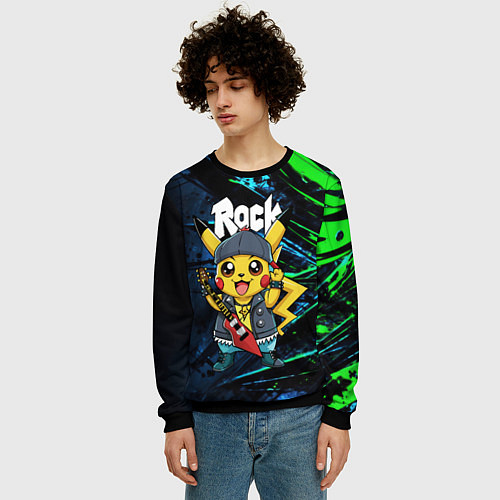 Мужской свитшот Радостный Пикачу рок звезда / 3D-Черный – фото 3