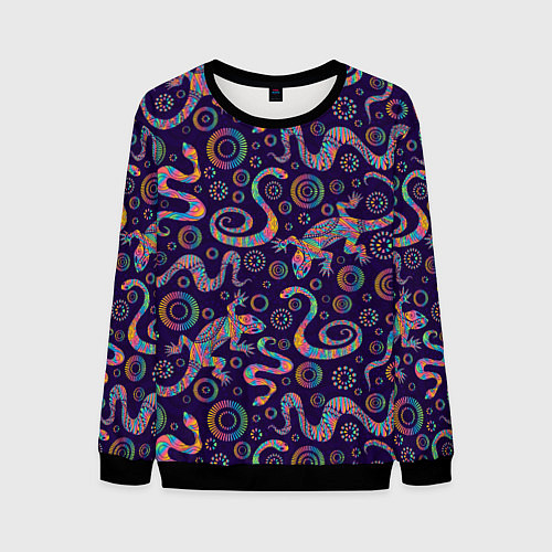 Мужской свитшот Узор ярких ящериц и змей / 3D-Черный – фото 1