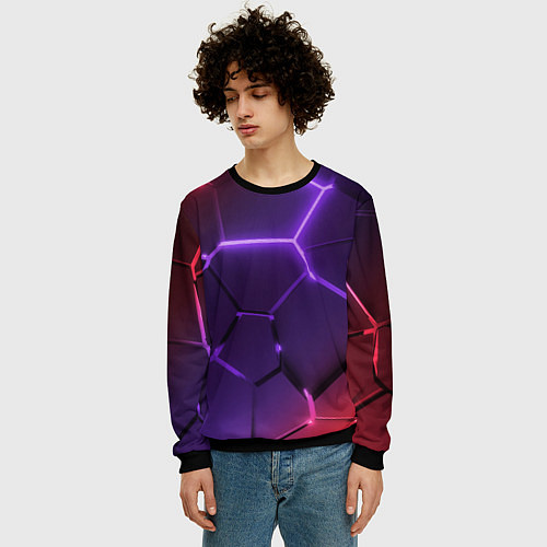 Мужской свитшот Красно-фиолетовые неоновые плиты в разломе / 3D-Черный – фото 3