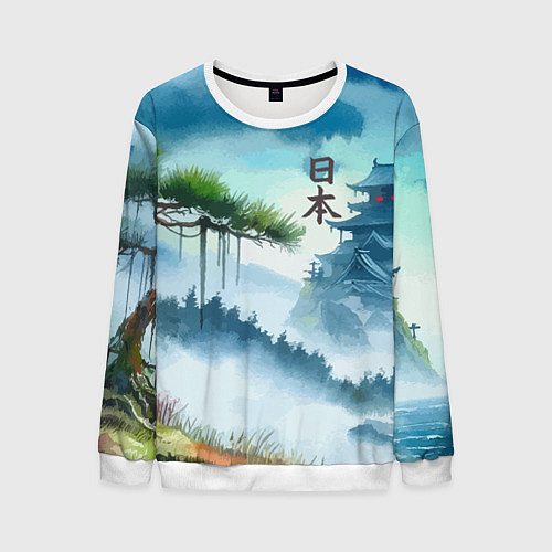 Мужской свитшот Японский пейзаж - акварель живопись / 3D-Белый – фото 1