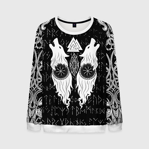 Мужской свитшот Волки с символикой на фоне полустёртых рун / 3D-Белый – фото 1