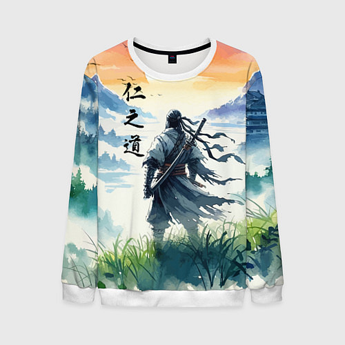 Мужской свитшот Ghost of Tsushima - samurai on the background of t / 3D-Белый – фото 1