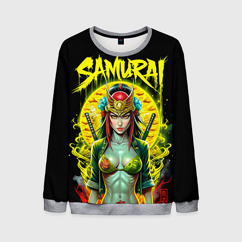 Мужской свитшот Девушка sexy самурай на черном фоне / 3D-Меланж – фото 1