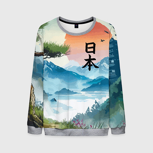 Мужской свитшот Восход красного солнца - Японский пейзаж / 3D-Меланж – фото 1