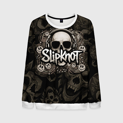 Мужской свитшот Slipknot на фоне черепа в очках и наушниках / 3D-Белый – фото 1