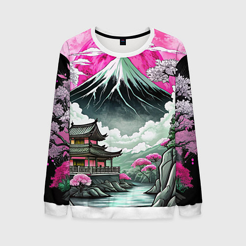 Мужской свитшот Японский вулкан и деревья / 3D-Белый – фото 1