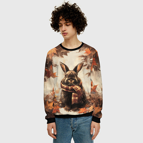 Мужской свитшот Кролик в клетчатом шарфе / 3D-Черный – фото 3