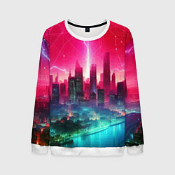 Свитшот мужской Неоновая гроза в мегаполисе - удар молнии, цвет: 3D-белый