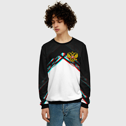 Мужской свитшот Краски глитч герб РФ / 3D-Черный – фото 3