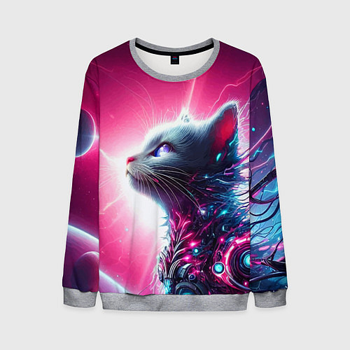Мужской свитшот Космический кибер котёнок - неоновое свечение / 3D-Меланж – фото 1