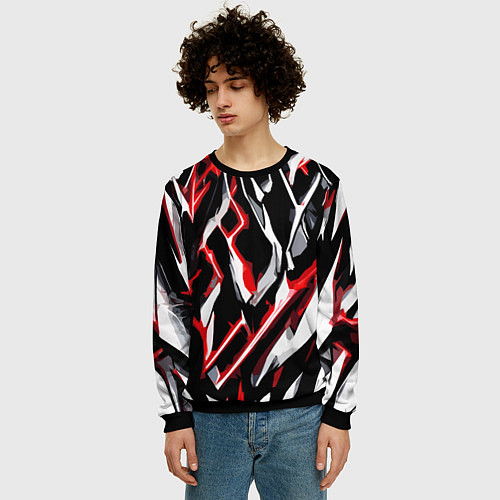 Мужской свитшот Красно-белые агрессивные полосы на чёрном фоне / 3D-Черный – фото 3