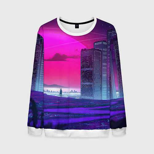 Мужской свитшот Synthwave неоновый город / 3D-Белый – фото 1