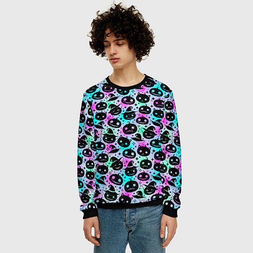Мужской свитшот Halloween - тыквы на неоновом фоне / 3D-Черный – фото 3