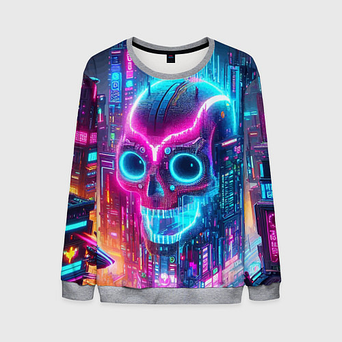 Мужской свитшот Neon skull in metropolis - future / 3D-Меланж – фото 1