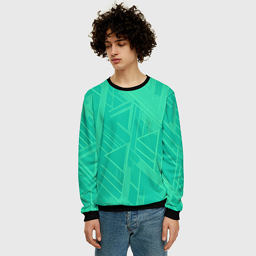 Мужской свитшот Мятный зелёный однотонный геометричный / 3D-Черный – фото 3