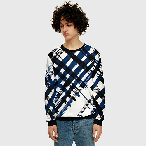 Мужской свитшот Косая клетка бело-синяя / 3D-Черный – фото 3