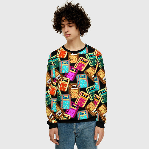 Мужской свитшот Разноцветные котики паттерн / 3D-Черный – фото 3