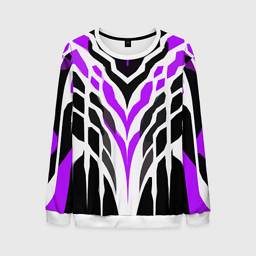 Мужской свитшот Агрессивные фиолетово-белые полосы на чёрном фоне / 3D-Белый – фото 1