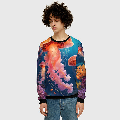 Мужской свитшот Подводный мир медузы / 3D-Черный – фото 3