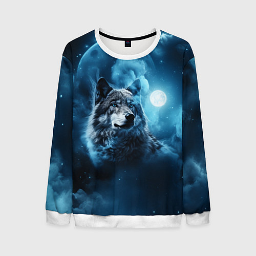 Мужской свитшот Волк ночное синее небо / 3D-Белый – фото 1