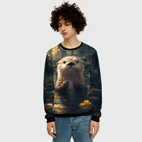 Мужской свитшот Выдра в летнем пруду / 3D-Черный – фото 3