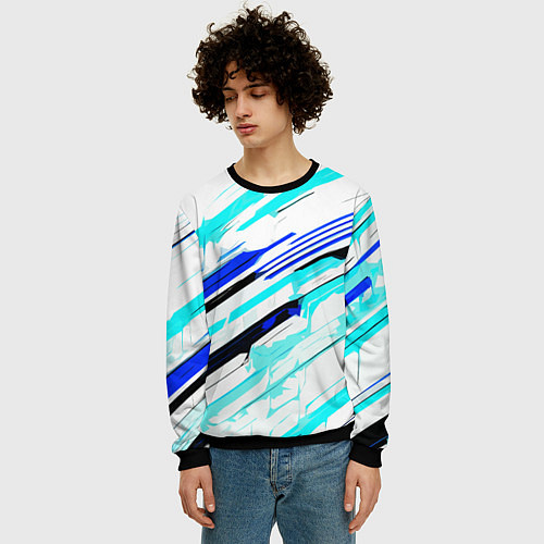 Мужской свитшот Чёрно-сине-голубые полосы на белом фоне / 3D-Черный – фото 3