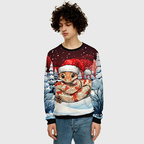 Мужской свитшот Новогодняя змейка и снегопад / 3D-Черный – фото 3