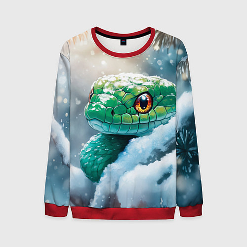 Мужской свитшот Зеленая змейка на заснеженной ветке / 3D-Красный – фото 1