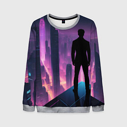 Свитшот мужской Человек смотрящий на ночной мегаполис, цвет: 3D-меланж