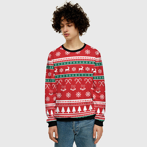 Мужской свитшот Новогодний паттерн с оленями снежинками леденцами / 3D-Черный – фото 3