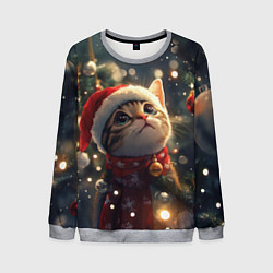 Свитшот мужской Новогодний котик смотрит на шарик, цвет: 3D-меланж