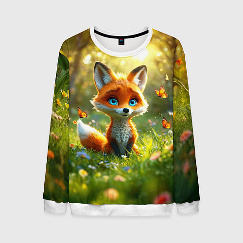 Мужской свитшот Рыжая лисичка и бабочки / 3D-Белый – фото 1