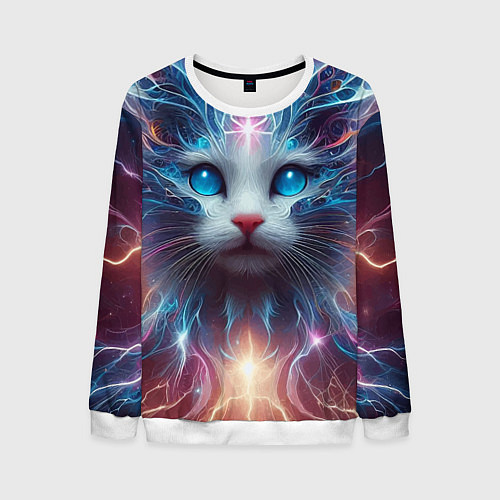 Мужской свитшот Fantastic blue-eyed neon kitten / 3D-Белый – фото 1