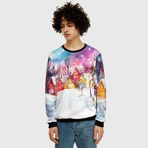 Мужской свитшот Новогодний ночной дворик / 3D-Черный – фото 3