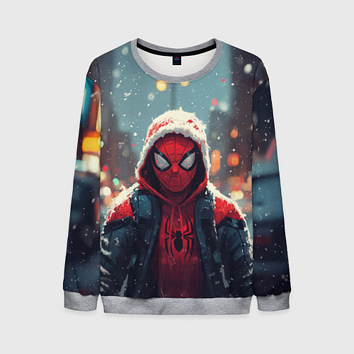 Мужской свитшот Человек-паук под снегопадом - новогодний город / 3D-Меланж – фото 1
