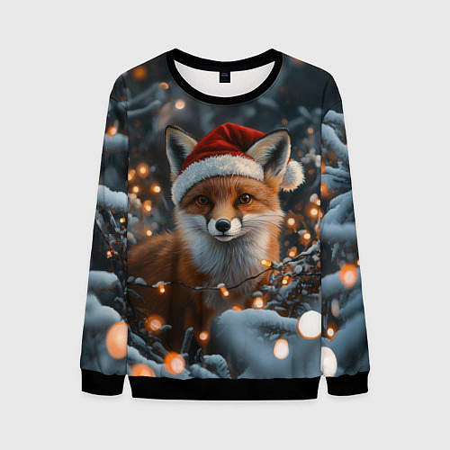 Мужской свитшот Лисица и новогодняя гирлянда / 3D-Черный – фото 1