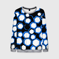 Свитшот мужской Бело-синие шестиугольники на чёрном фоне, цвет: 3D-меланж