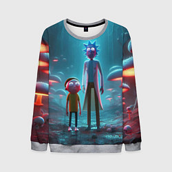 Свитшот мужской Морти и Рик в сказочном неоновом грибном лесу, цвет: 3D-меланж