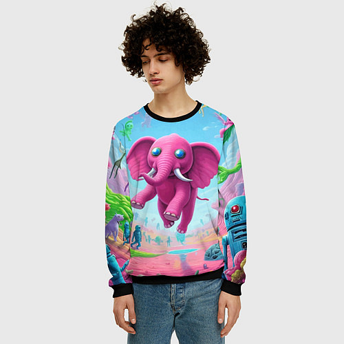 Мужской свитшот Парящий в воздухе розовый слон - сюрреализм / 3D-Черный – фото 3
