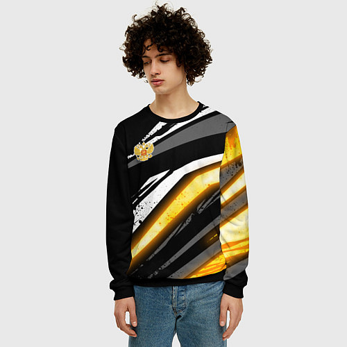 Мужской свитшот Герб России - Жёлтое свечение / 3D-Черный – фото 3