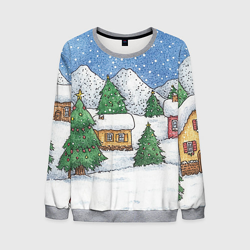 Мужской свитшот Домики и елки - новый год / 3D-Меланж – фото 1