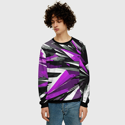 Мужской свитшот Чёрно-фиолетово-белая абстракция / 3D-Черный – фото 3