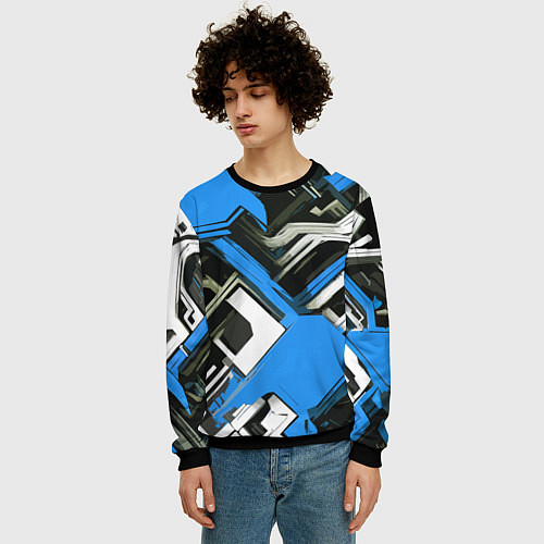 Мужской свитшот Сине-белый техно паттерн на чёрном фоне / 3D-Черный – фото 3