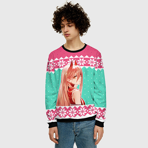 Мужской свитшот Новогодний свитер Пауэр из Человек-бензопила / 3D-Черный – фото 3